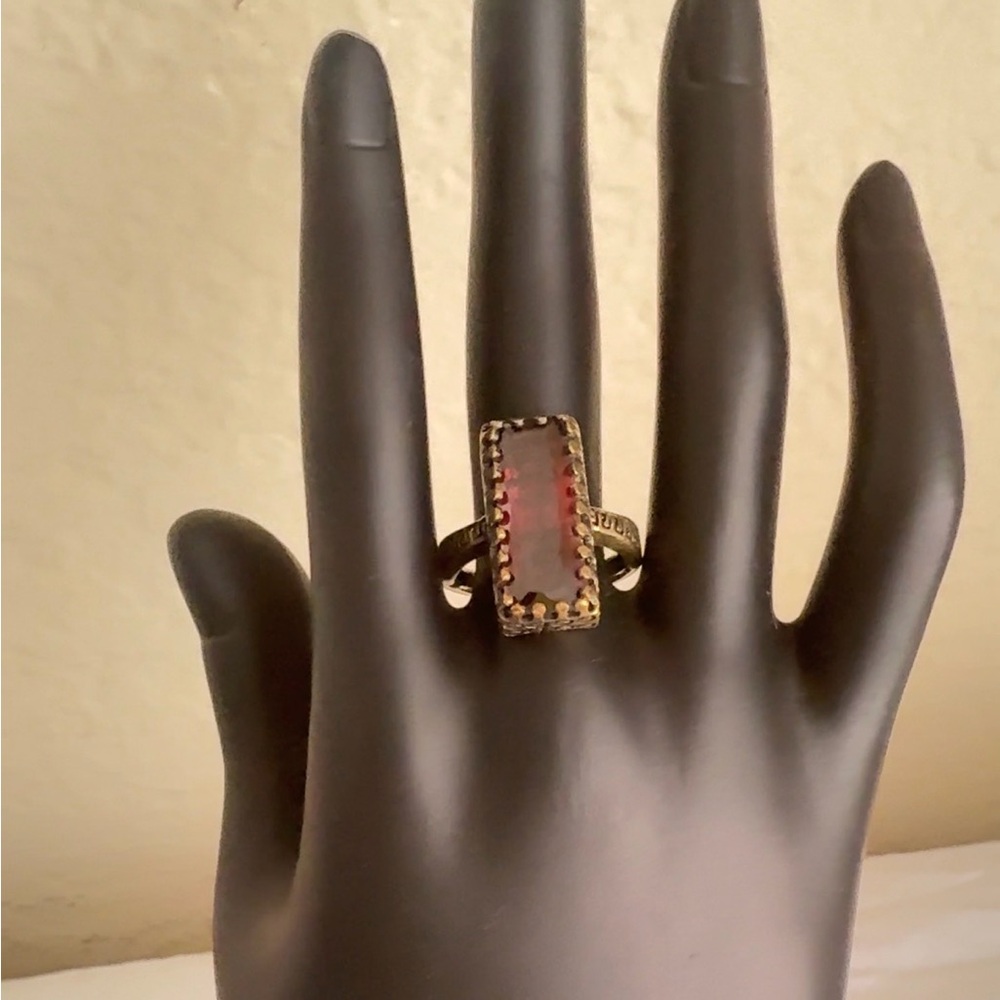 Gold Tone Red Stone Ring Rectangular Setting Size 8 Vintage Style